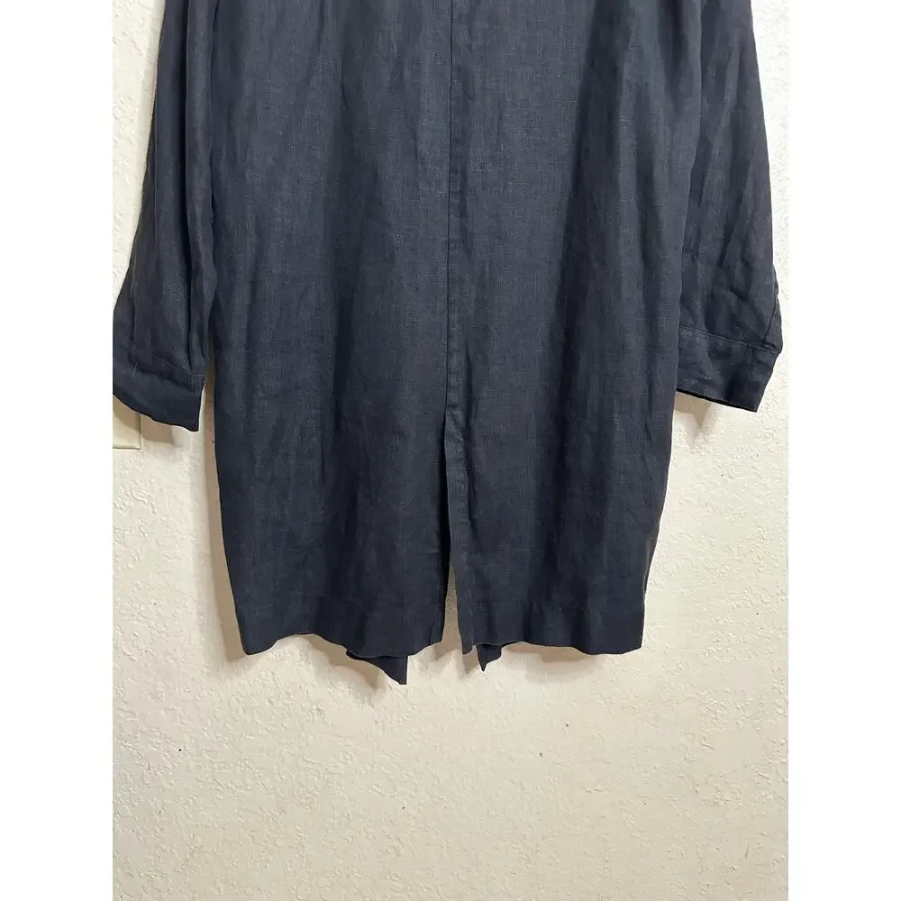 Black Ficus Linen Trench Almond in Black Mens S Longline Duster Open Front